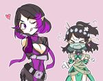  &gt;_&lt; 2girls :p angry arm_support bandage belt bodysuit bracer breasts brown_hair cleavage closed_eyes dress elf hair_ornament hand_on_own_face heart medium_hair multicolored_hair multiple_girls nanashiba one_eye_closed paladins pointy_ears ponytail purple_hair scarf short_hair simple_background skye_(paladins) sleeveless sleeveless_dress tongue tongue_out two-tone_hair veil violet_eyes ying_(paladins) 