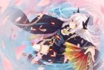  1girl bangs black_kimono blush brown_eyes closed_mouth dutch_angle eyebrows_visible_through_hair fan fate/grand_order fate_(series) folding_fan holding holding_fan horns japanese_clothes kimono kiyohime_(fate/grand_order) light_smile long_hair long_sleeves looking_at_viewer obi outstretched_arms petals sash shio_(shia-ushio) solo thigh-highs white_hair white_legwear wide_sleeves 