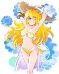  1girl bikini blonde_hair blue_sky breasts cleavage floral_background hat iesupa navel one_eye_closed prosthesis prosthetic_arm rwby sarong sky smile straw_hat swimsuit violet_eyes yang_xiao_long 