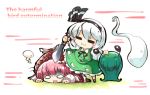  2girls :3 =_= bangs black_ribbon blush chibi closed_mouth gloom_(expression) green_skirt green_vest hair_ribbon hairband hat kashuu_(b-q) konpaku_youmu konpaku_youmu_(ghost) mob_cap multiple_girls mystia_lorelei neck_ribbon o_o open_mouth pink_hair ribbon short_hair skirt skirt_set stepped_on touhou vest white_hair wig 