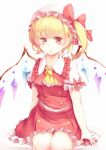  1girl ascot bangs blonde_hair blush bow breasts closed_mouth crystal flandre_scarlet frilled_shirt frilled_shirt_collar frilled_skirt frilled_sleeves frills hat hat_bow highres kanzakietc looking_at_viewer medium_breasts mob_cap puffy_short_sleeves puffy_sleeves red_bow red_eyes red_skirt red_vest seiza shirt short_sleeves side_ponytail sitting skirt skirt_set smile solo touhou vest white_shirt wings wrist_cuffs yellow_ascot 