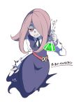 1girl belt brown_eyes character_name dress flask hair_over_one_eye half-closed_eyes holding kazunehaka little_witch_academia long_dress long_hair pink_hair potion shaded_face shirt smile sucy_manbavaran white_background 