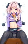  1boy blush braid fate/apocrypha fate_(series) food hair_ribbon ice_cream ice_cream_cone long_hair looking_at_viewer male_focus nemunemu_(candy_paddle) open_mouth pink_hair ribbon rider_of_black single_braid smile solo tongue tongue_out trap violet_eyes 