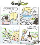  &gt;_&lt; 1girl animalization bathing blonde_hair cat closed_eyes comic english genji_(overwatch) mercy_(overwatch) overwatch pigeoneer_jane ponytail truth wet 