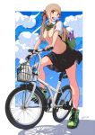  1girl backpack bag bangs bicycle black_skirt blonde_hair blouse blue_eyes blunt_bangs bow brown_bow cat eyebrows_visible_through_hair food ground_vehicle hair_bow looking_at_viewer mouth_hold nanahime_(aoi) open_mouth original platinum_blonde popsicle school_uniform shoes short_sleeves skirt sneakers solo stuffed_toy sweater_vest teeth twintails white_blouse 
