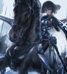  1girl bangs black_hair black_legwear blue_eyes blue_ribbon breasts cape closed_mouth elbow_gloves expressionless faulds fingerless_gloves gloves greaves highres horseback_riding knight lance looking_at_viewer medium_breasts original pantyhose polearm ribbon riding short_hair solo sword tosk_(swav-coco) weapon 