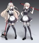  2girls alternate_costume apron arm_up black_dress black_legwear black_ribbon black_shoes blonde_hair carnival_phantasm dress enmaided fate/grand_order fate/stay_night fate_(series) frilled_dress frills full_body garter_straps jeanne_alter looking_at_viewer maid maid_headdress mary_janes mop multiple_girls neck_ribbon puffy_short_sleeves puffy_sleeves ribbon ruler_(fate/apocrypha) saber saber_alter shoes short_sleeves smile sushimaro thigh-highs trait_connection underbust waist_apron yellow_eyes 
