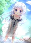  1girl blue_eyes blue_hair blush clouds dress gochuumon_wa_usagi_desu_ka? hair_ornament hairclip highres kafuu_chino kouda_suzu leaning_forward long_hair open_mouth outdoors sky smile solo sundress tree wading water white_dress 