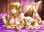  1girl barefoot bed blonde_hair breasts bridal_gauntlets candle candlestand cat cleavage curtains earrings jewelry large_breasts legs_up lips long_hair lying necklace on_stomach original pillow ryou_(pix_gallerio) smile solo the_pose violet_eyes 