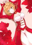  1girl ahoge blonde_hair blush breasts cleavage copyright_name dress epaulettes fate/extra fate_(series) flower frilled_sleeves frills green_eyes juliet_sleeves leotard long_sleeves looking_at_viewer lying medium_breasts on_back parted_lips puffy_sleeves red_dress red_rose rose saber_extra short_hair solo sushimaro 