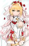  1girl ahoge belt blonde_hair bodysuit breasts chains cleavage fate/extra fate/extra_ccc fate/grand_order fate_(series) flower foyoy_p garter_straps gloves green_eyes heart heart_hands highres large_breasts lock looking_at_viewer padlock red_rose rose saber_bride saber_extra smile solo veil zipper 