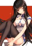  1girl bangs bent_knees bison_cangshu black_hair black_legwear blunt_bangs breasts chinese_clothes dress large_breasts long_hair one_eye_closed original parted_lips red_eyes short_dress sitting sketch thigh-highs white_dress 