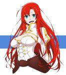  1girl akitetsu boudica_(fate/grand_order) bra breasts cleavage cleavage_cutout corset fate/grand_order fate_(series) faulds green_eyes highres juliet_sleeves large_breasts long_hair long_sleeves looking_at_viewer o-ring_top open_mouth puffy_sleeves redhead smile solo underwear white_bra 