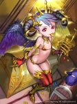  armlet armor asymmetrical_wings bikini_armor bird blue_hair boots claw_(weapon) coin demon_girl feathered_wings from_above full_body gold highres horns jewelry kim_jin_sung mole mole_under_eye mouth_hold necklace original pearl_necklace pointy_ears short_hair sitting sparkle succubus thigh-highs thigh_gap tiara treasure treasure_chest weapon wings 