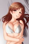  1girl absurdres alternate_costume bare_arms bare_shoulders blush breasts brown_eyes brown_hair cleavage commentary_request highres idolmaster idolmaster_cinderella_girls large_breasts long_hair looking_at_viewer lying nitta_minami on_back solo takahirokun underwear underwear_only upper_body 