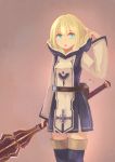  1girl belt blonde_hair blue_eyes boots flask fur_trim holding holding_weapon hood mace original peroncho pouch simple_background thigh-highs thigh_boots weapon zettai_ryouiki 