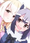  2girls animal_ears black_hair blonde_hair bow brown_eyes common_raccoon_(kemono_friends) enelis fang fennec_(kemono_friends) fluffy_collar grey_hair kemono_friends multicolored_hair multiple_girls open_mouth smile 