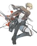  1girl androgynous blonde_hair blood blue_eyes boots brown_jacket commentary dual_wielding enlin jacket knee_boots knees_up nanaba pants shingeki_no_kyojin short_hair simple_background solo sword thigh_strap three-dimensional_maneuver_gear weapon white_background white_pants wire 