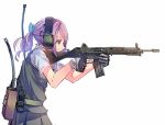  1girl aiming assault_rifle bangs blue_eyes bow commentary_request daito from_side gloves gun hair_bow headphones headset holding holding_gun holding_weapon howa_type_89 kantai_collection looking_away pink_hair pleated_skirt ponytail radio rifle school_uniform shiranui_(kantai_collection) short_sleeves simple_background skirt solo two-handed vest weapon white_background 