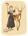  1girl animal antlers bandanna blonde_hair capelet deer dress highres orange_eyes peroncho plant pouch rock sandals simple_background staff 