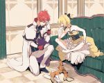  1boy 1girl bare_shoulders barefoot blonde_hair boots_removed bow braid closed_eyes couch dress facepalm felt_(re:zero) gloves gloves_removed hair_bow indian_style re:zero_kara_hajimeru_isekai_seikatsu redhead reinhard_van_astrea sitting sogekishu_(sni8er) uniform 