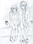  1boy 1girl ahoge boots coat datte_waka duffel_coat eyebrows_visible_through_hair full_body graphite_(medium) greyscale hand_holding height_difference jacket knee_boots looking_at_another monochrome no.6 outdoors ribbed_sweater safu scarf shion_(no.6) short_hair simple_background sitting sketch skirt smile sweater traditional_media 