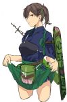  1girl alternate_costume brown_eyes brown_hair camouflage flight_deck fukazaki_(g425hw45) green_ribbon hair_ribbon hakama_skirt hip_vent japanese_clothes kaga_(kantai_collection) kantai_collection kimono long_hair looking_at_viewer muneate quiver ribbon side_ponytail simple_background solo tasuki white_background 