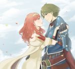 1boy 1girl alm_(fire_emblem) armor blue_armor blush cape celica_(fire_emblem) circlet clouds commentary_request couple dress earrings eyebrows eyebrows_visible_through_hair fire_emblem fire_emblem_echoes:_mou_hitori_no_eiyuuou gauntlets green_eyes green_hair hand_holding highres jewelry lips open_mouth petals red_eyes redhead short_sleeves shoulder_pads sky smile tiara yori_ill 