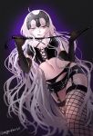  1girl :q alternate_costume black_gloves black_skirt breasts cleavage dominatrix elbow_gloves fate/grand_order fate_(series) fishnet_legwear fishnets garter_belt gloves groin headpiece jeanne_alter large_breasts licking_lips long_hair looking_at_viewer microskirt riding_crop ruler_(fate/apocrypha) skin_tight skirt solo sushimaro tongue tongue_out twitter_username very_long_hair whip white_hair yellow_eyes 