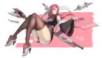  1girl ass black_legwear blue_eyes breasts detached_sleeves erect_nipples gun gundam gundam_seed gundam_seed_destiny high_heels holding holding_gun holding_weapon lacus_clyne large_breasts long_hair pink_hair sky_of_morika smile solo thigh-highs weapon zhan_jian_shao_nyu 