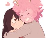  ;) ^_^ ashido_mina asui_tsuyu black_hair boku_no_hero_academia closed_eyes frog_girl happy heart horns hug long_hair one_eye_closed pink_hair pink_skin sally_(luna-arts) school_uniform short_hair simple_background smile teeth white_background 