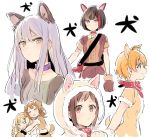  3: 6+girls :d ^_^ animal_ears bag bandanna blonde_hair bone brown_eyes brown_hair closed_eyes collar commentary dog_collar dog_ears dog_paws dog_tail gloves highres hug jitome light_frown monsieur multiple_girls open_mouth orange_hair original paw_gloves paws purple_collar red_collar red_neckwear shoulder_bag silver_hair simple_background smile tail v-shaped_eyebrows violet_eyes wavy_mouth white_background year_of_the_dog 