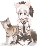  1girl aardwolf aardwolf_(kemono_friends) aardwolf_ears aardwolf_tail animal animal_ears animal_print artist_name bare_shoulders black_eyes black_hair blush bow breasts elbow_gloves gloves highres kemono_friends long_hair looking_away medium_breasts multicolored_hair necktie shirt short_hair simple_background sitting skirt sleeveless smile solo tail tatu_nw two-tone_hair white_background white_hair 