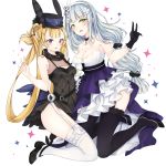  2girls bare_shoulders blonde_hair blush braid breasts cleavage dress formal garter_belt girls_frontline gloves green_eyes hair_ornament hairband hat high_heels hk416_(girls_frontline) jewelry kneeling long_hair looking_at_viewer medium_breasts mo_(k40633) multiple_girls necklace open_mouth silver_hair smile sr-3mp_(girls_frontline) thigh-highs tongue tongue_out v very_long_hair violet_eyes 