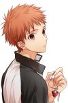  1boy akuta_michi brown_eyes brown_hair emiya_shirou fate/stay_night fate_(series) jacket jewelry looking_at_viewer necklace pendant simple_background solo track_jacket white_background 