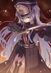  1girl bangs belt closed_mouth double-breasted embers eyebrows_visible_through_hair faulds gauntlets gun gunpuku_no_himegimi hat holding holding_gun holding_sword holding_weapon long_hair looking_at_viewer military military_uniform peaked_cap re:creators red_eyes rifle ryuinu silver_hair solo standing sword two_side_up uniform very_long_hair weapon 