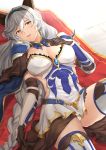  1girl animal_ears armor bangs black_gloves blue_legwear boots braid cloak elbow_gloves erun_(granblue_fantasy) gloves granblue_fantasy hair_between_eyes hand_on_own_chest heles highres light_smile long_hair looking_at_viewer lying on_back pauldrons shade silver_hair single_braid solo terry_(pixiv3274443) thigh-highs thigh_boots thighs very_long_hair wavy_hair yellow_eyes 