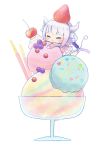  1girl :i ayu_(mog) beads berries black_hairband blush cherry chibi closed_eyes dessert dragon_girl dragon_horns dragon_tail dress food frilled_capelet fruit hair_beads hair_ornament hairband horns ice_cream kanna_kamui kobayashi-san_chi_no_maidragon lavender_hair long_hair low_twintails minigirl pocky smile solo sprinkles strawberry sundae tail twintails white_background white_legwear 