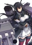  1girl black_hair bodysuit boushi-ya breasts crossed_arms from_above hair_between_eyes headgear jacket kantai_collection large_breasts long_hair looking_at_viewer midriff nagato_(kantai_collection) pleated_skirt red_legwear remodel_(kantai_collection) rigging simple_background skirt smile smokestack solo thigh-highs turret white_background white_skirt yellow_eyes 