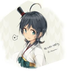  1girl ahoge bangs black_hair green_eyes green_hakama hakama hat japanese_clothes kantai_collection kimono malachite matsukaze_(kantai_collection) meiji_schoolgirl_uniform mini_hat mini_top_hat multiple_girls short_hair swept_bangs top_hat twitter_username upper_body wavy_hair 