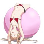  1girl ball bikini blonde_hair breasts closed_eyes collarbone commentary exercise_ball fang hair_ribbon lying navel on_back open_mouth red_bikini ribbon ribs saenai_heroine_no_sodatekata sawamura_spencer_eriri side-tie_bikini sidelocks small_breasts swimsuit trg_(pixiv) twintails upside-down white_background 