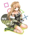  1girl angry bare_shoulders blush breasts brown_hair cleavage coat controller dog_tags double_bun fatkewell full_body game_controller gamepad girls_frontline green_eyes long_hair looking_at_viewer medium_breasts off_shoulder open_mouth rfb_(girls_frontline) sitting sketch socks solo tagme wariza 
