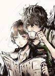  1boy 1girl apron black_hair brown_eyes brown_hair coffee drinking freinoir grey_eyes kurusu_akira newspaper niijima_makoto persona persona_5 