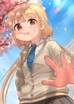 1girl :t bangs blonde_hair blue_necktie blue_sky blurry breasts brown_eyes brown_skirt building buttons candy cardigan cherry_blossoms closed_mouth collared_shirt commentary day depth_of_field diagonal_stripes dutch_angle eyebrows_visible_through_hair fence fingernails food food_in_mouth from_below futaba_anzu hair_tie hand_in_pocket highres idolmaster idolmaster_cinderella_girls kamille_(vcx68) lollipop long_hair long_sleeves looking_at_viewer low_twintails necktie outdoors petals pleated_skirt pocket school_uniform shirt skirt sky small_breasts solo striped striped_necktie tree twintails upper_body very_long_hair white_shirt wing_collar 
