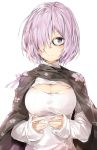  1girl blush breasts cape cleavage_cutout fate/grand_order fate_(series) glasses hair_over_one_eye highres letter looking_at_viewer love_letter medium_breasts meme_attire open-chest_sweater purple_hair shielder_(fate/grand_order) short_hair silver_(chenwen) simple_background sleeves_past_wrists smile solo sweater violet_eyes white_background 