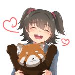  1girl :3 absurdres akagi_miria animal bangs black_hair blue_shirt closed_eyes commentary eyebrows_visible_through_hair hair_ornament hair_scrunchie heart highres holding holding_animal idolmaster idolmaster_cinderella_girls kamille_(vcx68) long_sleeves open_mouth red_panda scrunchie shirt short_hair simple_background smile solo teeth two_side_up upper_body white_background 