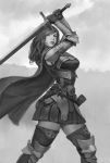  1girl armor black_gloves cape gloves greyscale holding holding_sword holding_weapon long_hair looking_at_viewer monochrome pleated_skirt skirt solo standing sword thigh-highs vambraces weapon zettai_ryouiki 