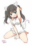  1girl :d animal_ears arm_behind_head arm_up armpits bangs bare_shoulders bell bell_collar black_hair blue_eyes blush breasts cat_ears cat_girl cat_tail collar eyebrows_visible_through_hair full_body highres long_hair looking_at_viewer medium_breasts one-piece_swimsuit open_mouth ragho_no_erika simple_background sitting smile solo sukurizo! swimsuit tail twintails 