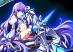  &gt;:) 1girl armor armored_boots baba_(baba_seimaijo) bangs blue_eyes boots closed_mouth fate/extra fate/extra_ccc fate/grand_order fate_(series) hair_ribbon highres juliet_sleeves long_hair long_sleeves looking_at_viewer meltlilith midriff navel puffy_sleeves purple_hair revealing_clothes ribbon sitting smile solo stomach very_long_hair 