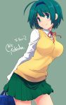  1girl ahoge bag breasts fujii_jun green_hair hairband large_breasts long_sleeves school_uniform short_hair skirt smile solo sweater_vest to_heart_2 yoshioka_chie 